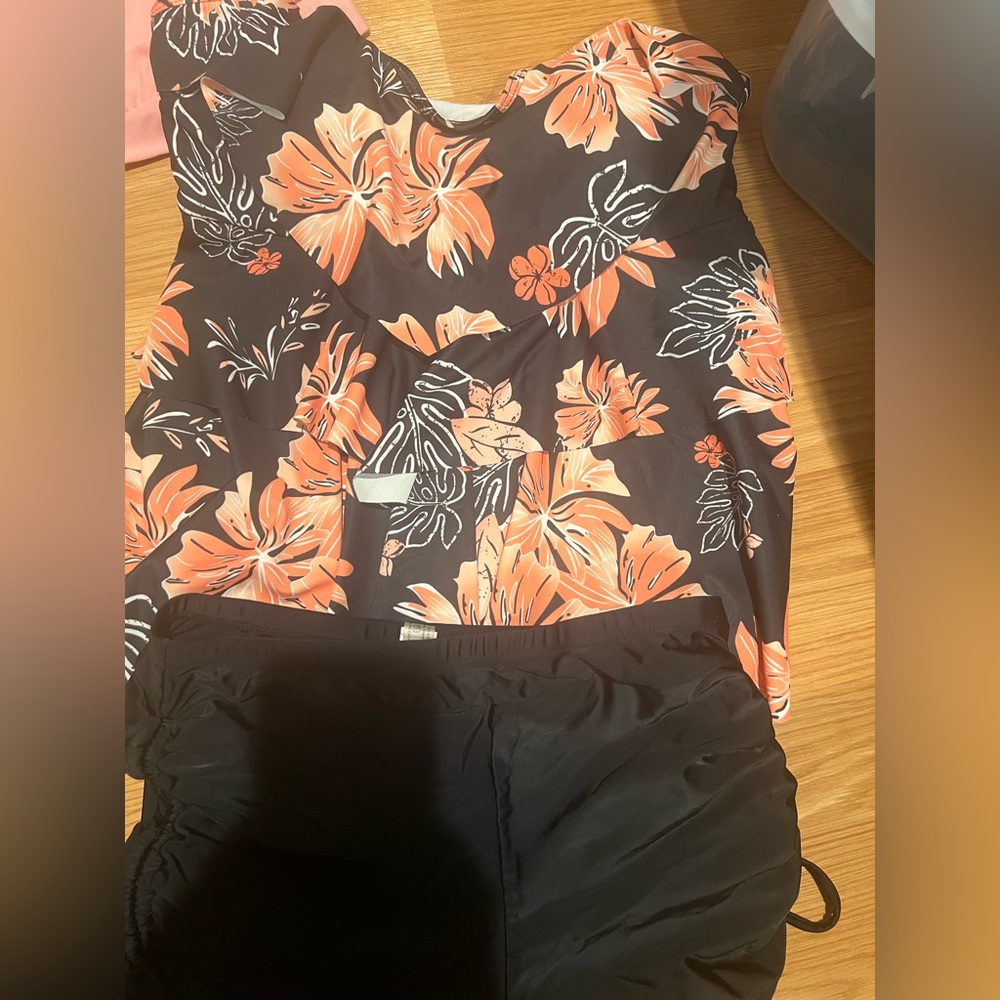 Two piece bathing suit black and orange